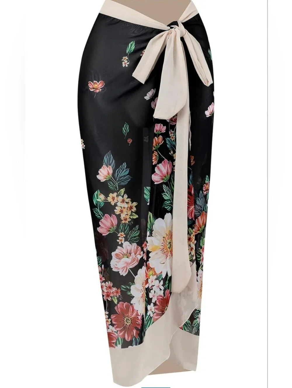 Black Floral One-Piece Swimsuit with Matching Sarong In Large NWOT